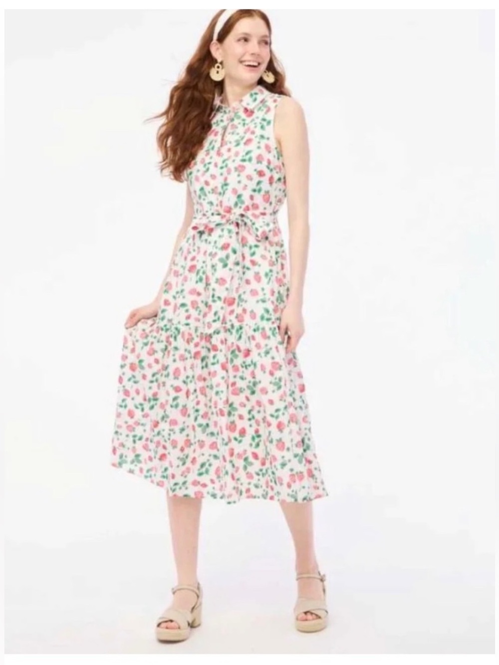J. Crew Factory Collard Midi Dress Strawberry Print 100% Cotton 2